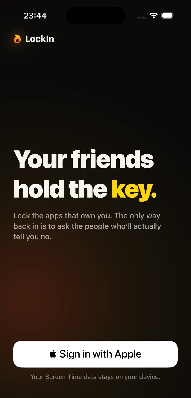 The LockIn sign-in screen: the headline Your friends hold the key, and a Sign in with Apple button.
