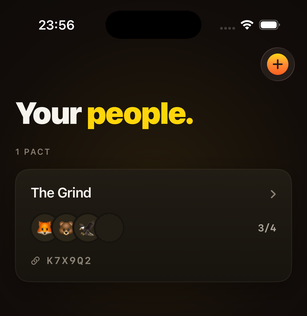 LockIn pacts screen: a pact called The Grind with member avatars, an open seat, and an invite code.